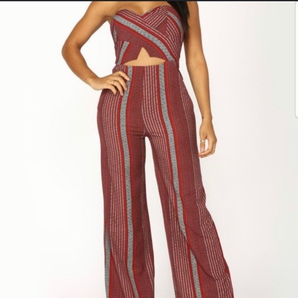 Fashion Nova Pants - Striped Red and Gray Jumpsuit